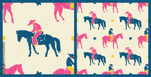 Pink Cowgirl Western Boho Cute Cowboy Horse, Horses Animals, Seamless Pattern Vector Illustration	