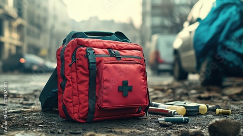 A vibrant red first aid bag rests on a gritty urban street, symbolizing emergency preparedness and medical care in an urban setting. photo