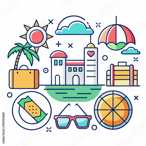Un dibujo de un complejo turístico de playa con palmeras y un fondo azul