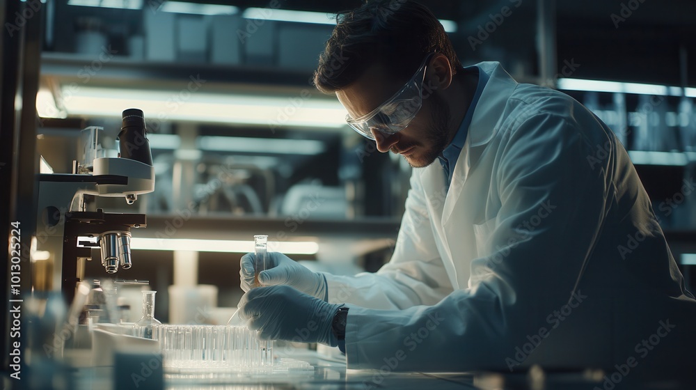 A scientist dressed in a lab coat and protective gear meticulously works with test tubes and samples in a busy laboratory. Generative AI A scientist dressed in a lab coat and protective gear meticulously works with test tubes and samples in a busy laboratory. Generative AI