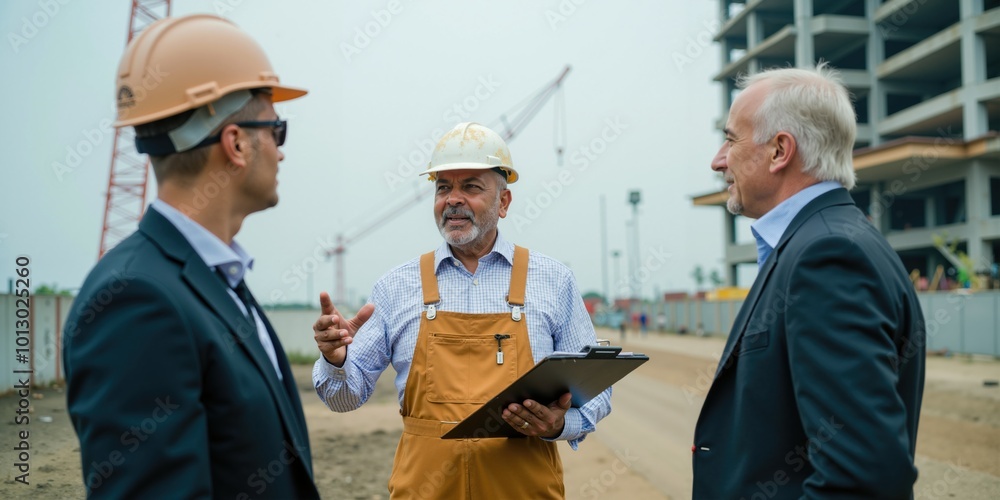 Indian Construction Worker and Engineers Collaborating for Development Project On-Site Indian Construction Worker and Engineers Collaborating for Development Project On-Site