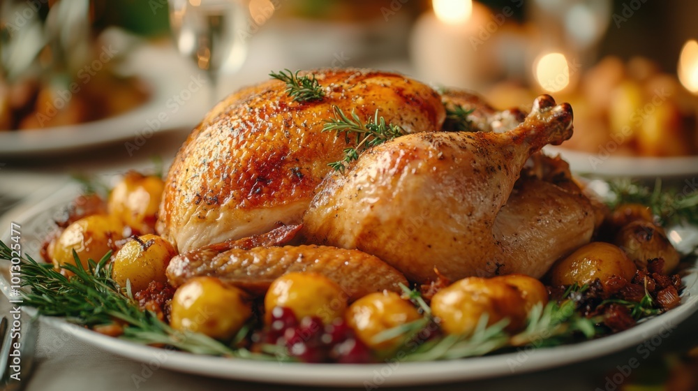 Thanksgiving baked chicken, zoomed-out view, displayed with assorted sides, gentle blur, clean and organized. Thanksgiving baked chicken, zoomed-out view, displayed with assorted sides, gentle blur, clean and organized.