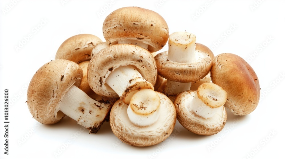 Fresh button mushrooms with clean white caps, displayed in a natural arrangement, isolated on white Fresh button mushrooms with clean white caps, displayed in a natural arrangement, isolated on white
