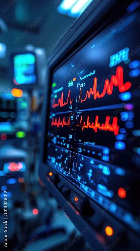 Close-up of a cardiac monitor displaying vital signs in a hospital setting with colorful waveforms and medical equipment in the background. Close-up of a cardiac monitor displaying vital signs in a hospital setting with colorful waveforms and medical equipment in the background.