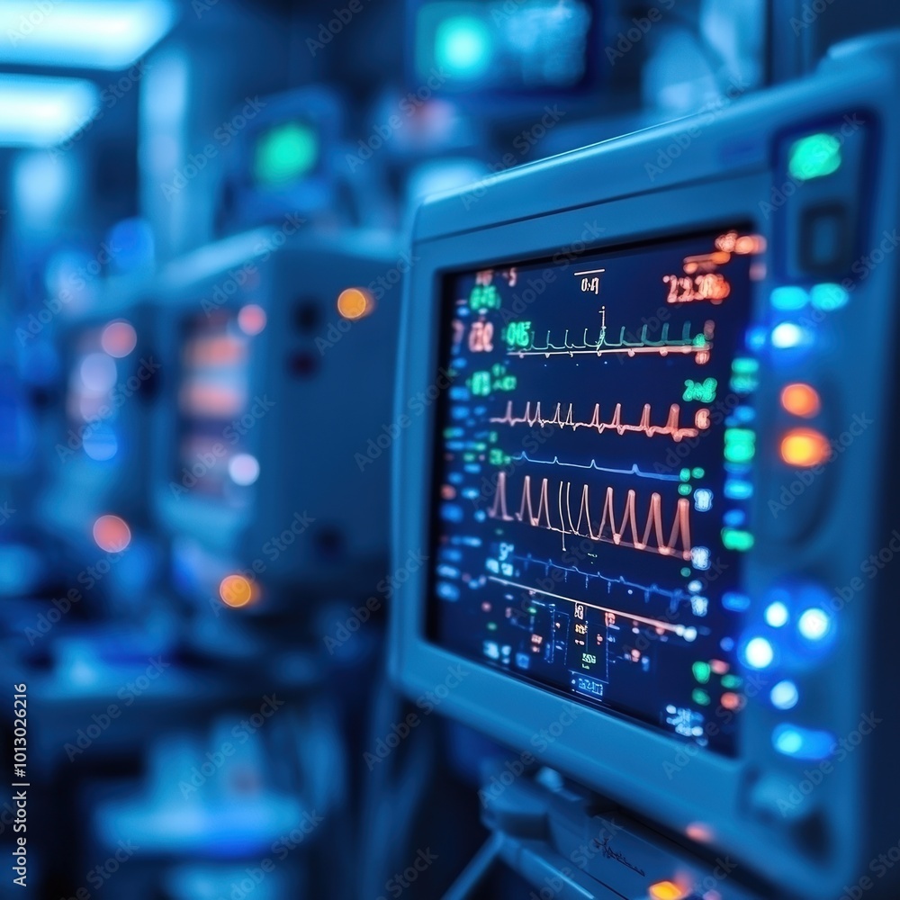 Close-up of a medical monitor displaying vital signs in a blue-lit hospital environment, conveying advanced healthcare technology. Close-up of a medical monitor displaying vital signs in a blue-lit hospital environment, conveying advanced healthcare technology.
