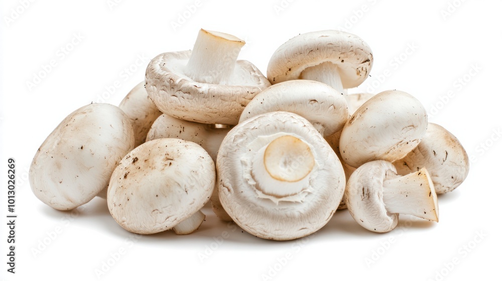 Fresh button mushrooms with smooth white caps and firm stems, displayed naturally, isolated on white Fresh button mushrooms with smooth white caps and firm stems, displayed naturally, isolated on white