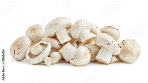 Fresh button mushrooms with clean white caps, displayed in a natural arrangement, isolated on white