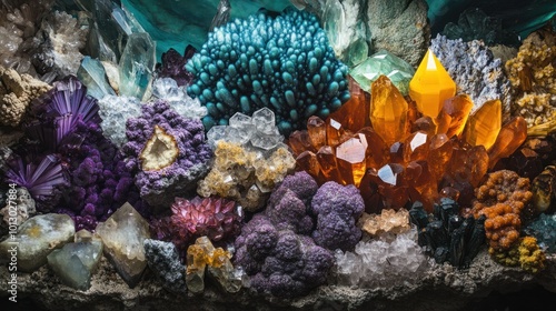 A variety of polished gemstone minerals, arranged in a vibrant display of colors and textures