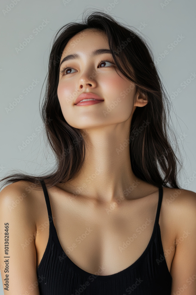 Fototapeta premium serene portrait of woman with long hair, showcasing gentle smile and graceful posture. soft lighting highlights her features, creating elegant and calm atmosphere