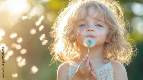 A joyful child blowing a dandelion in the sunshine, surrounded by floating seeds, capturing the essence of innocence and wonder.