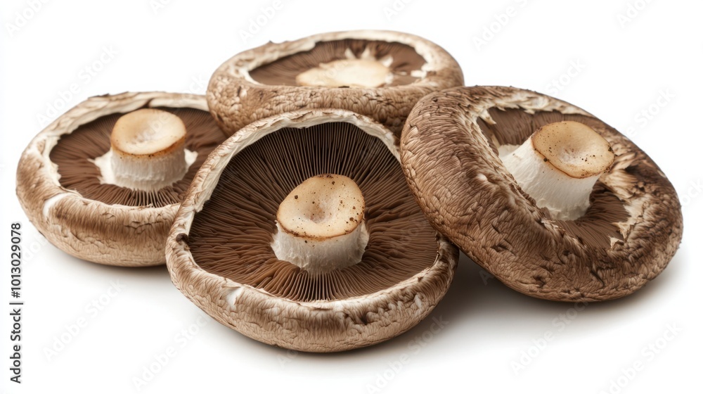Fresh portobello mushrooms with wide caps and meaty texture, arranged on white background Fresh portobello mushrooms with wide caps and meaty texture, arranged on white background