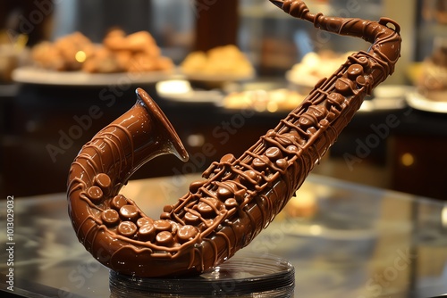 A unique chocolate sculpture of a saxophone, showcasing intricate details and perfect for music and dessert themes. photo