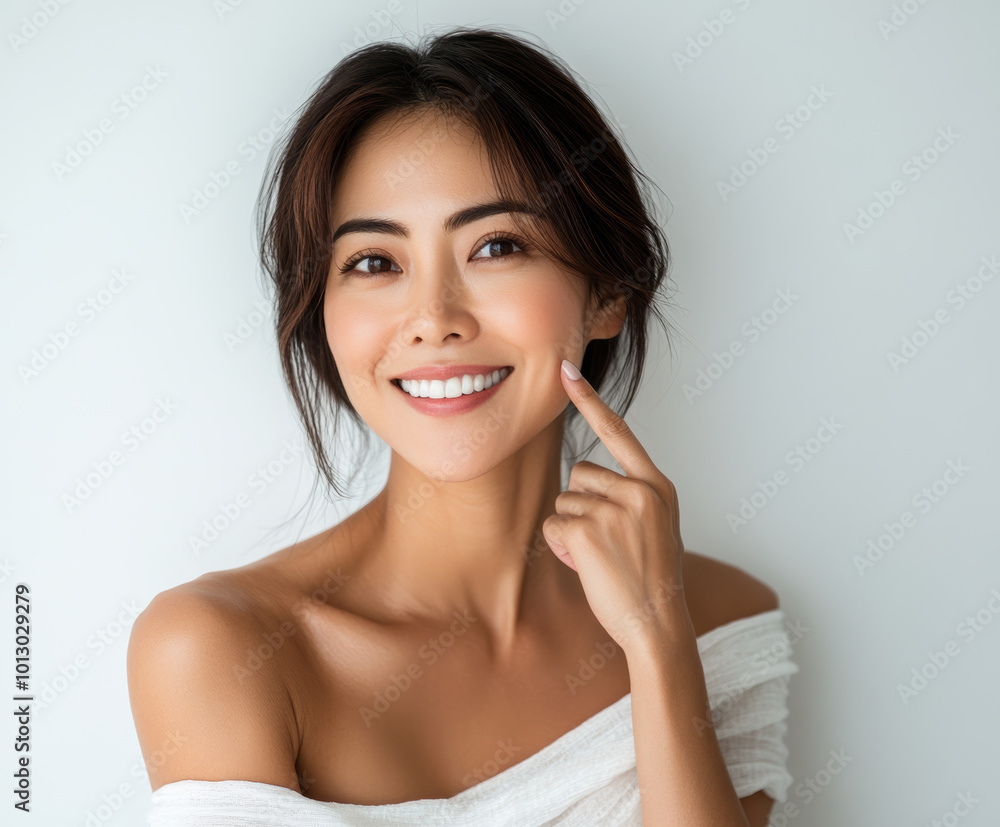 radiant woman with warm smile is posing against light background, showcasing her natural beauty and confidence. Her soft, flowing hair complements her elegant look radiant woman with warm smile is posing against light background, showcasing her natural beauty and confidence. Her soft, flowing hair complements her elegant look