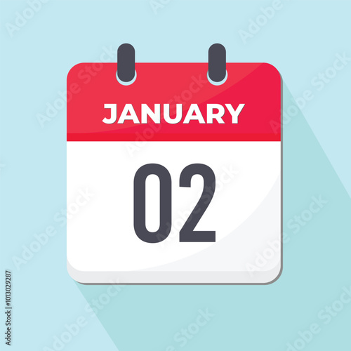 02 January Daily Calendar Icon 3d style red and white with light green background