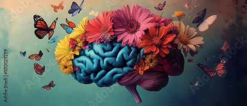 A vibrant brain sculpture adorned with colorful flowers and butterflies, symbolizing creativity and connection to nature.