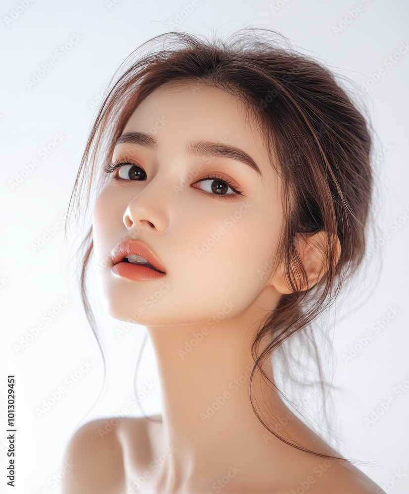 young woman with natural makeup look poses gracefully, showcasing her radiant skin and elegant hairstyle. soft lighting enhances her features, creating serene and captivating atmosphere young woman with natural makeup look poses gracefully, showcasing her radiant skin and elegant hairstyle. soft lighting enhances her features, creating serene and captivating atmosphere