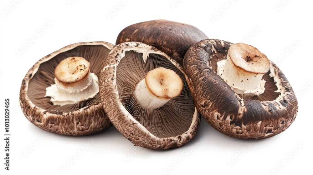 Fresh portobello mushrooms with wide, flat caps and thick stems, isolated on white background Fresh portobello mushrooms with wide, flat caps and thick stems, isolated on white background