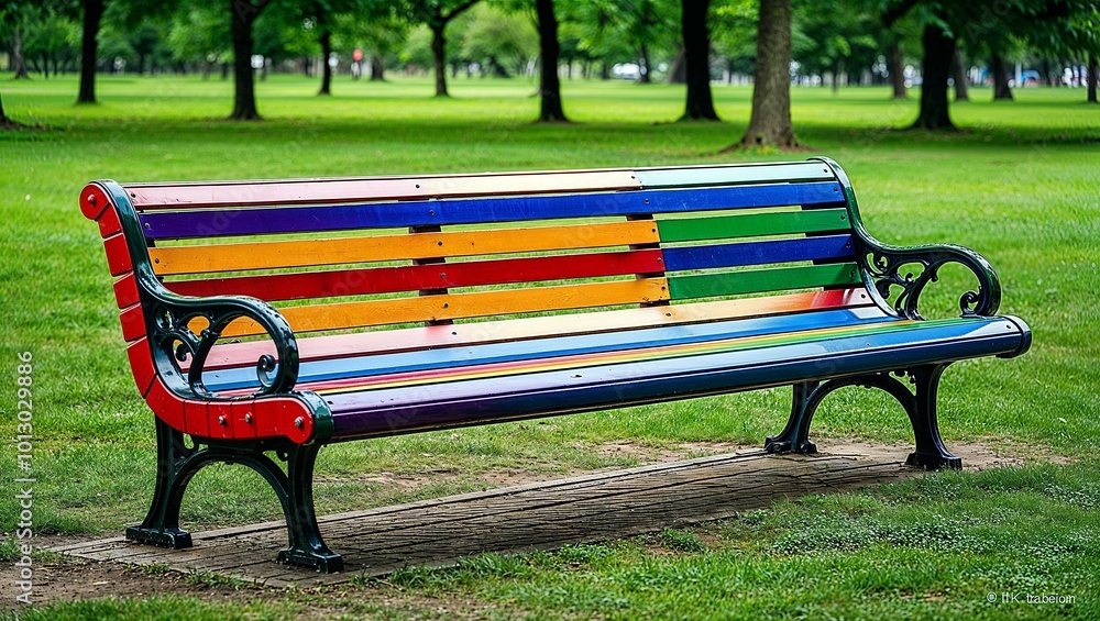 Rainbow colourful bench in the green park Rainbow colourful bench in the green park