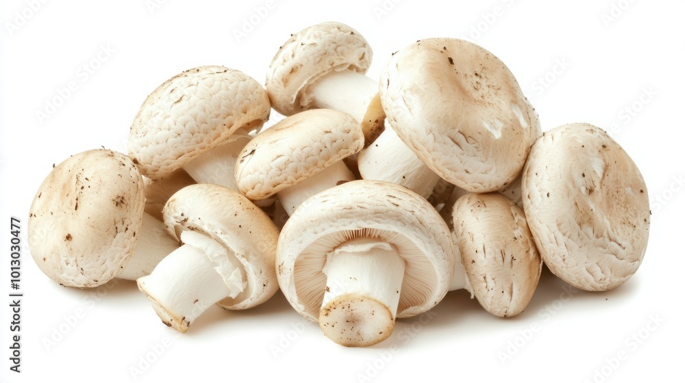 Freshly harvested white button mushrooms with clean, round caps, isolated on white Freshly harvested white button mushrooms with clean, round caps, isolated on white