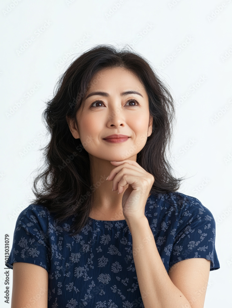 Thoughtful woman in casual dress, contemplating with gentle smile. Her expression reflects curiosity and introspection, set against light background Thoughtful woman in casual dress, contemplating with gentle smile. Her expression reflects curiosity and introspection, set against light background