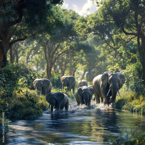 Elephants bathing in a serene forest stream photo