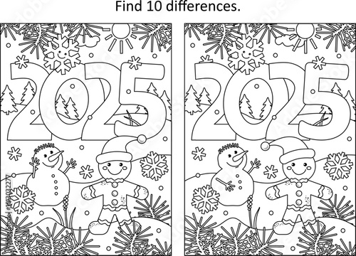 Year 2025 difference game and coloring page with year 2025 heading, cute little snowman, cheerful snowflake and outdoor winter scene

