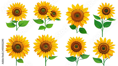 Collection set stalk of sunflower sunflowers flower floral plant with leaf leaves on transparent background.....