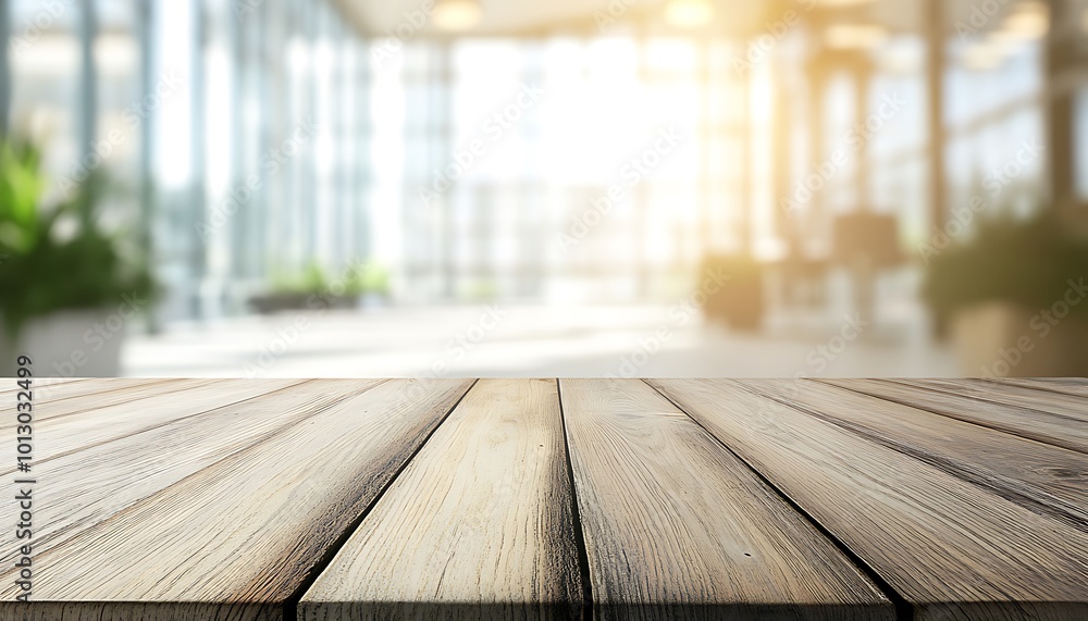 Rustic Wooden Table Top with Blurred Modern Office Background Rustic Wooden Table Top with Blurred Modern Office Background