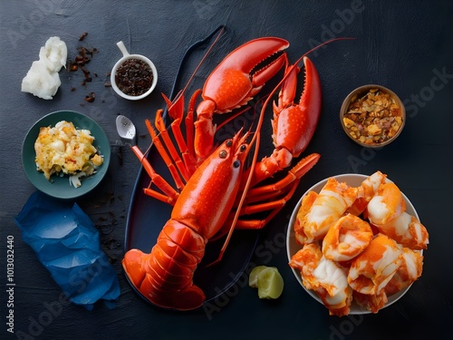 Boiled delicious lobster gourmet seafood on black background photo