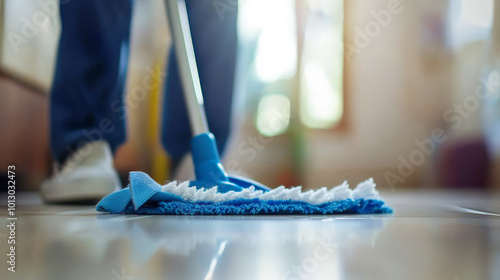 A person showcases their cleaning expertise by mopping the floor with blue and white microfiber cloths in a cozy apartment. Generative AI photo