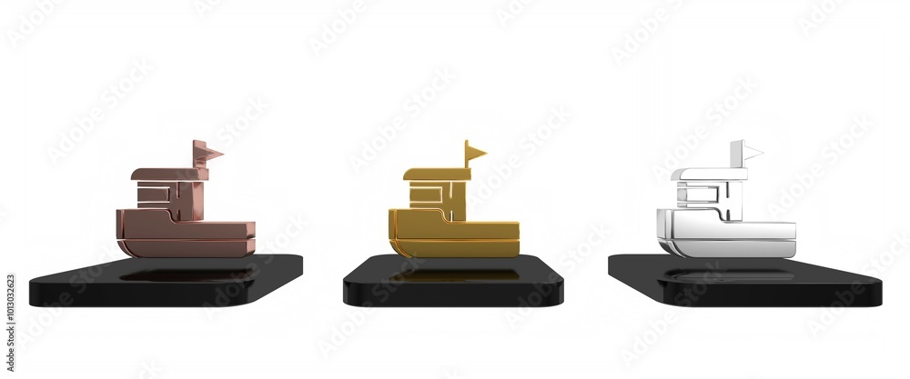 Colorful Fishing boat icon isolated on white background. Minimalism concept. 3D render illustration Colorful Fishing boat icon isolated on white background. Minimalism concept. 3D render illustration