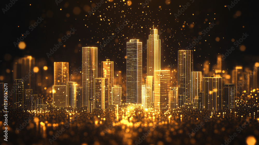 A city skyline made of simple shapes, glowing with golden dust and sparkling stardust. The dark background makes the gold shimmer even more.low poly wireframe.low poly wireframe. A city skyline made of simple shapes, glowing with golden dust and sparkling stardust. The dark background makes the gold shimmer even more.low poly wireframe.low poly wireframe.