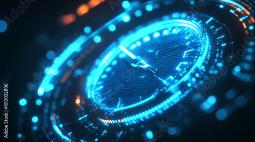 A futuristic, digital speedometer glows blue. It's designed for a fast car or racing game. The design uses connected dots and shapes that make it look like a 3D object.low poly wireframe.