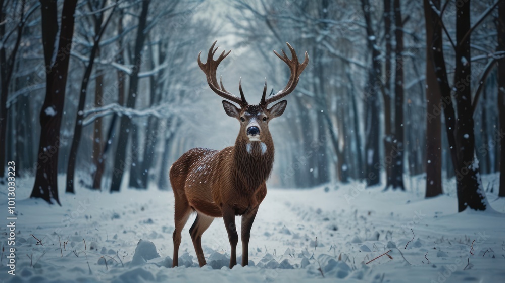 A majestic deer with large antlers stands in a snowy forest, looking directly at the camera. The snow is falling gently, and the trees are bare. A majestic deer with large antlers stands in a snowy forest, looking directly at the camera. The snow is falling gently, and the trees are bare.