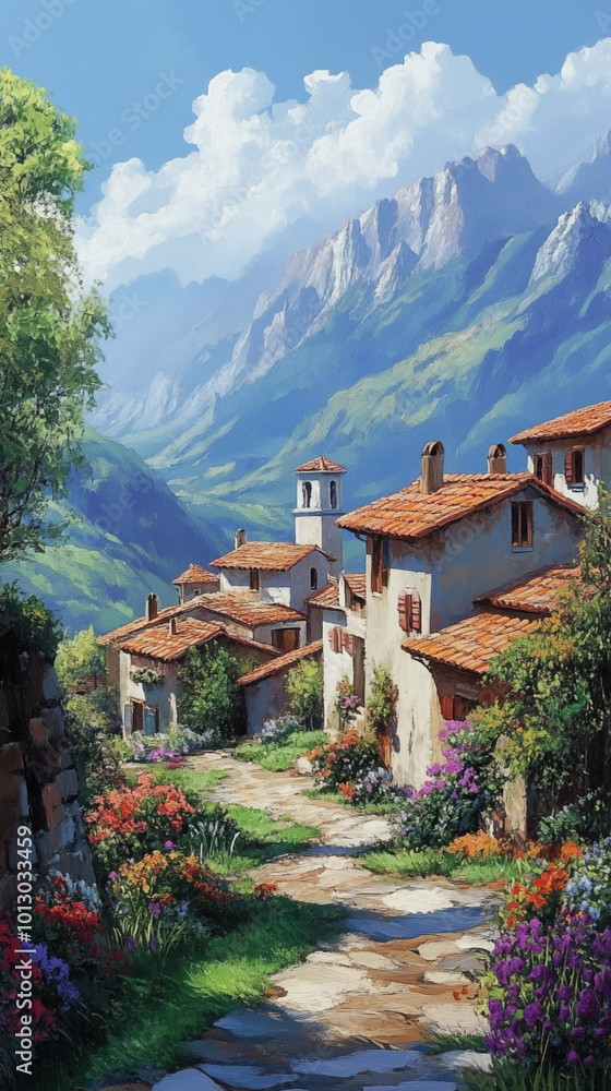 Tranquil Lakeside Village with Red-Tiled Roofs, Misty Mountains, Tranquil Lakeside Village with Red-Tiled Roofs, Misty Mountains,