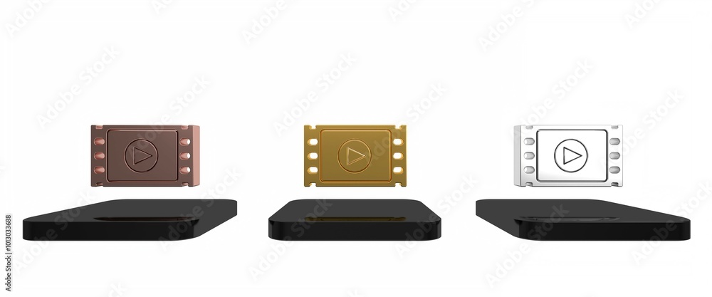 Colorful Play Video icon isolated on white background. Film strip with play sign. Minimalism concept. 3D render illustration Colorful Play Video icon isolated on white background. Film strip with play sign. Minimalism concept. 3D render illustration