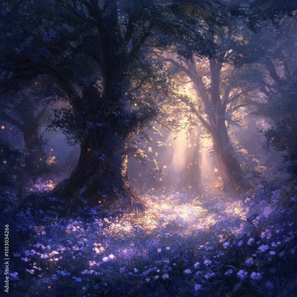 Enchanted forest illuminated by soft morning light Enchanted forest illuminated by soft morning light