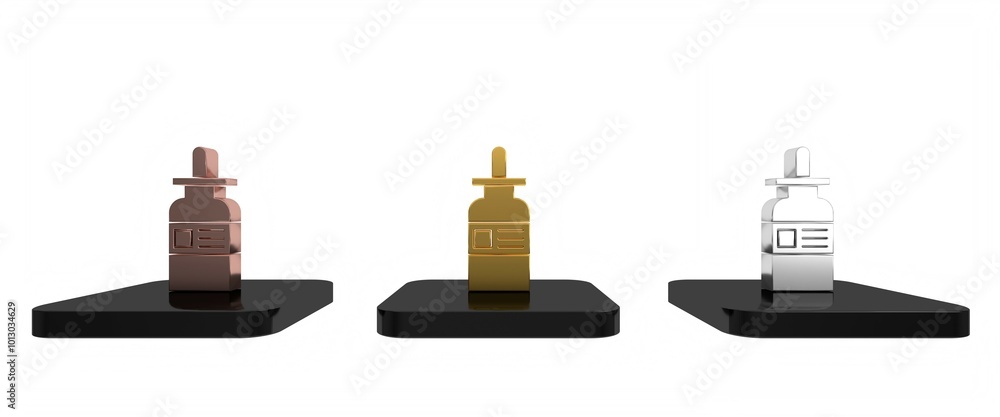 Colorful Glass bottle with a pipette icon isolated on white background. Container for medical and cosmetic product. Minimalism concept. 3D render illustration