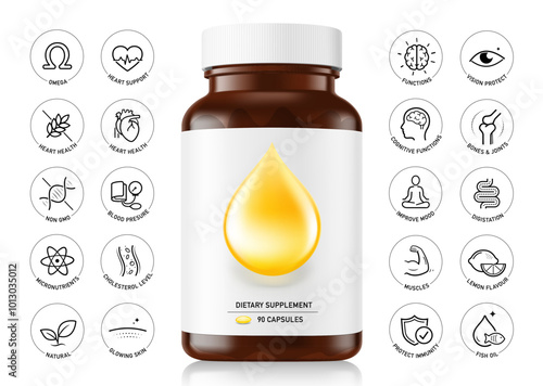 Brown pill bottle mockup with label for omega supplements isolated on white background  with health icons set. Vector illustration isolated on white background. Ready for your design. EPS10.