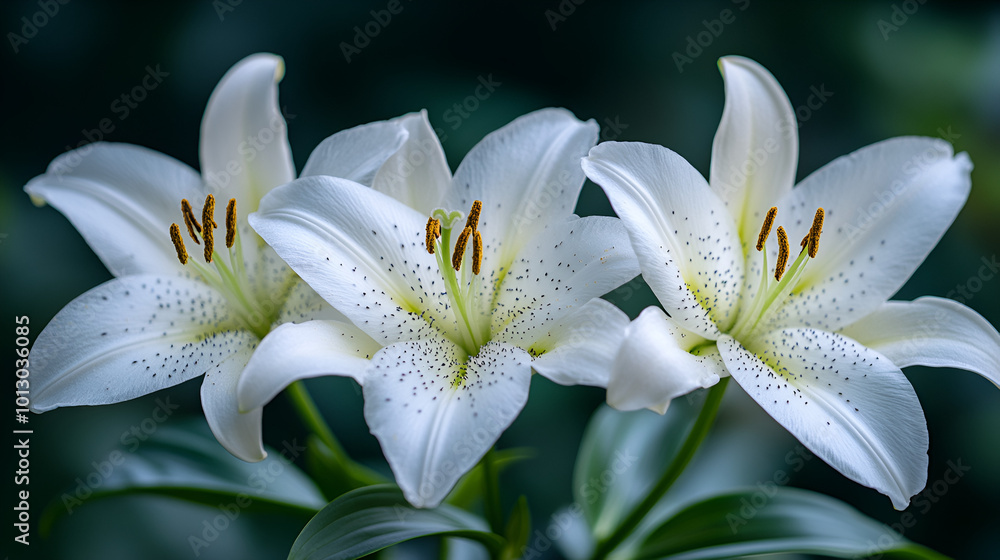 Beautiful white lilies bloom gracefully in a serene garden setting during the spring season Beautiful white lilies bloom gracefully in a serene garden setting during the spring season