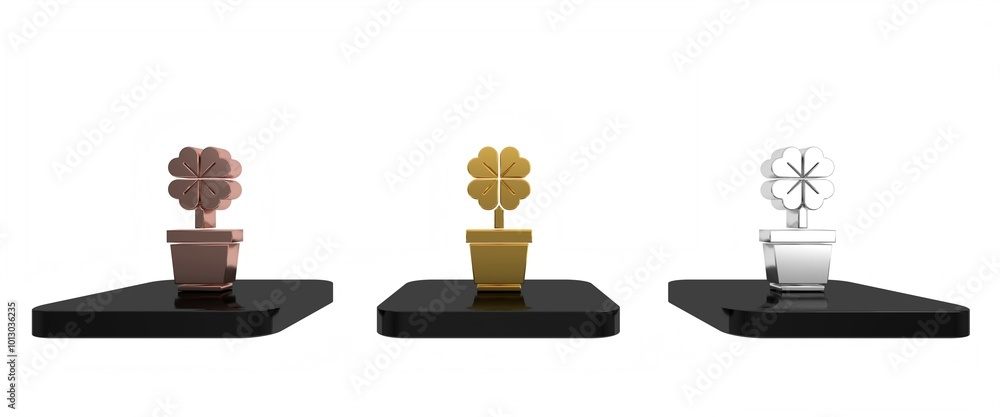 Colorful Four leaf clover in pot icon isolated on white background. Happy Saint Patrick day. Minimalism concept. 3D render illustration Colorful Four leaf clover in pot icon isolated on white background. Happy Saint Patrick day. Minimalism concept. 3D render illustration