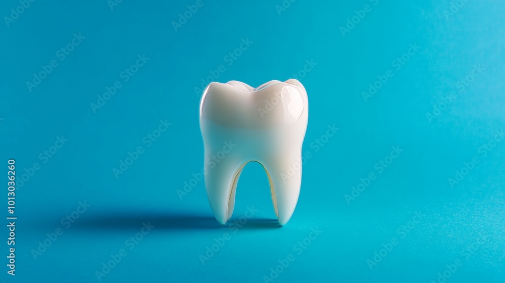 Close up of a human tooth on bright blue background emphasizing dental hygiene and health Close up of a human tooth on bright blue background emphasizing dental hygiene and health