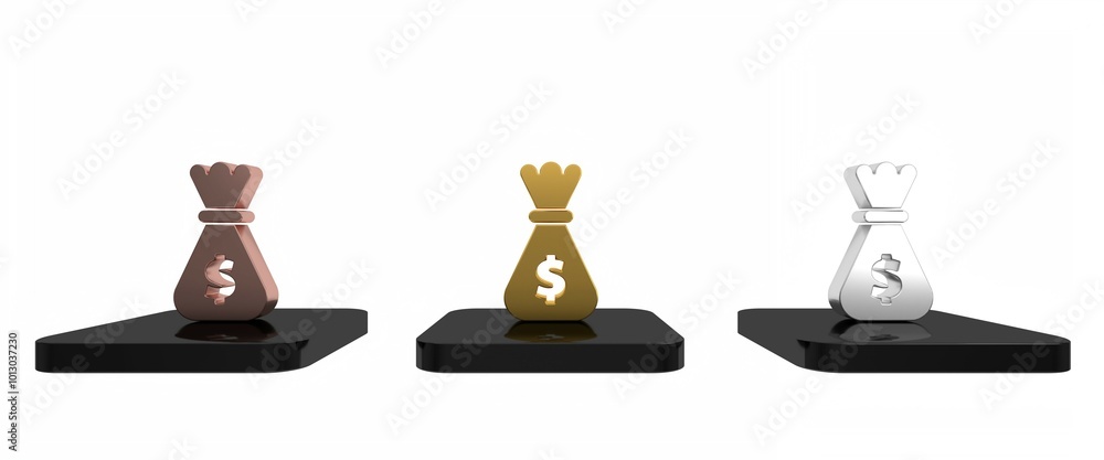 Colorful Money bag icon isolated on white background. Dollar or USD symbol. Cash Banking currency sign. Minimalism concept. 3D render illustration Colorful Money bag icon isolated on white background. Dollar or USD symbol. Cash Banking currency sign. Minimalism concept. 3D render illustration