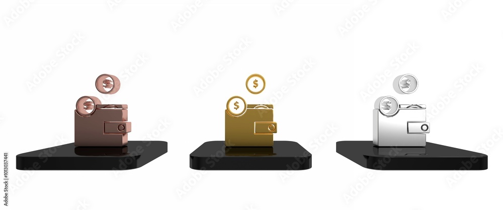 Colorful Wallet with coins icon isolated on white background. Purse icon. Cash savings symbol. Minimalism concept. 3D render illustration Colorful Wallet with coins icon isolated on white background. Purse icon. Cash savings symbol. Minimalism concept. 3D render illustration