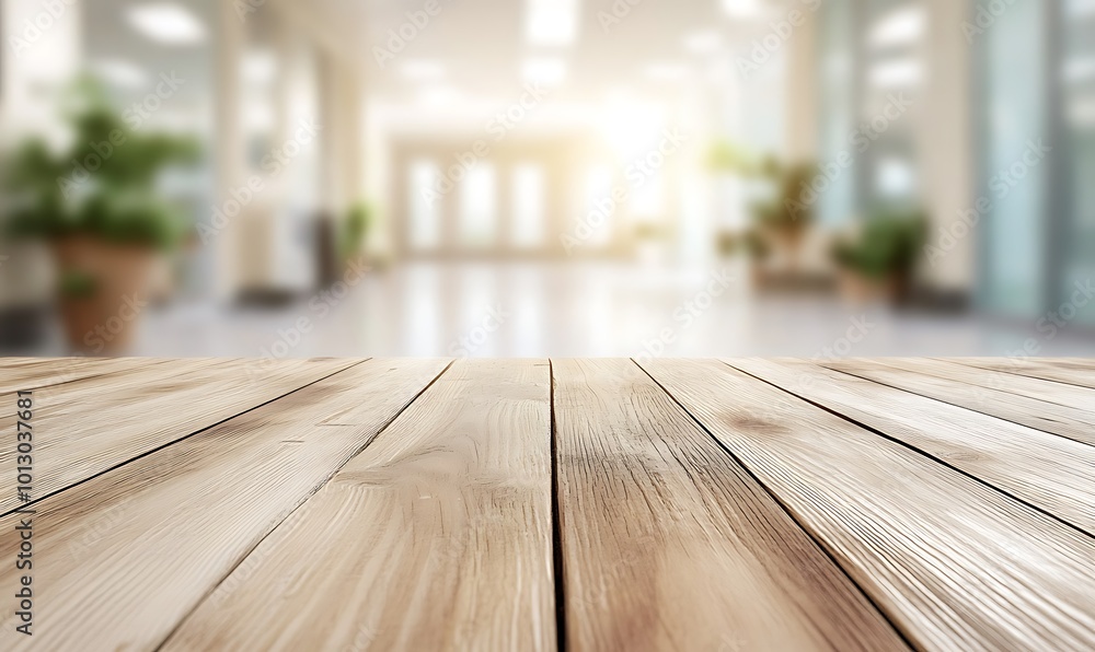 Wooden Tabletop with Blurry Office Background Wooden Tabletop with Blurry Office Background