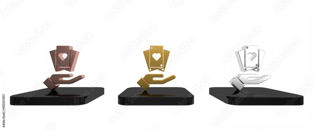 Colorful Hand holding playing cards icon isolated on white background. Casino game design. Minimalism concept. 3D render illustration Colorful Hand holding playing cards icon isolated on white background. Casino game design. Minimalism concept. 3D render illustration