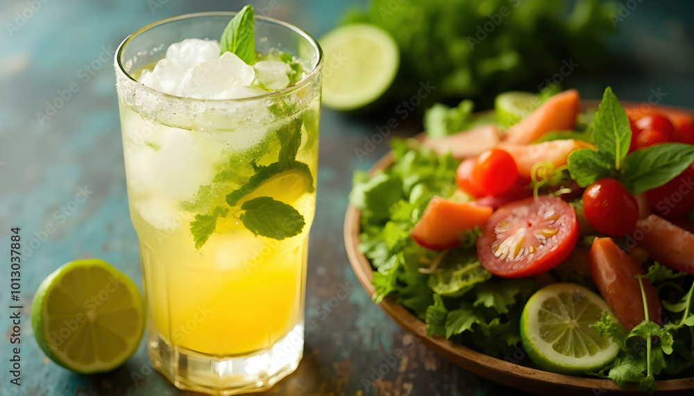 A refreshing glass of probiotic soda filled with ice, garnished with fresh fruit slices, showcasing vibrant colors and a fizzy texture, perfect for a healthy and bubbly drink A refreshing glass of probiotic soda filled with ice, garnished with fresh fruit slices, showcasing vibrant colors and a fizzy texture, perfect for a healthy and bubbly drink