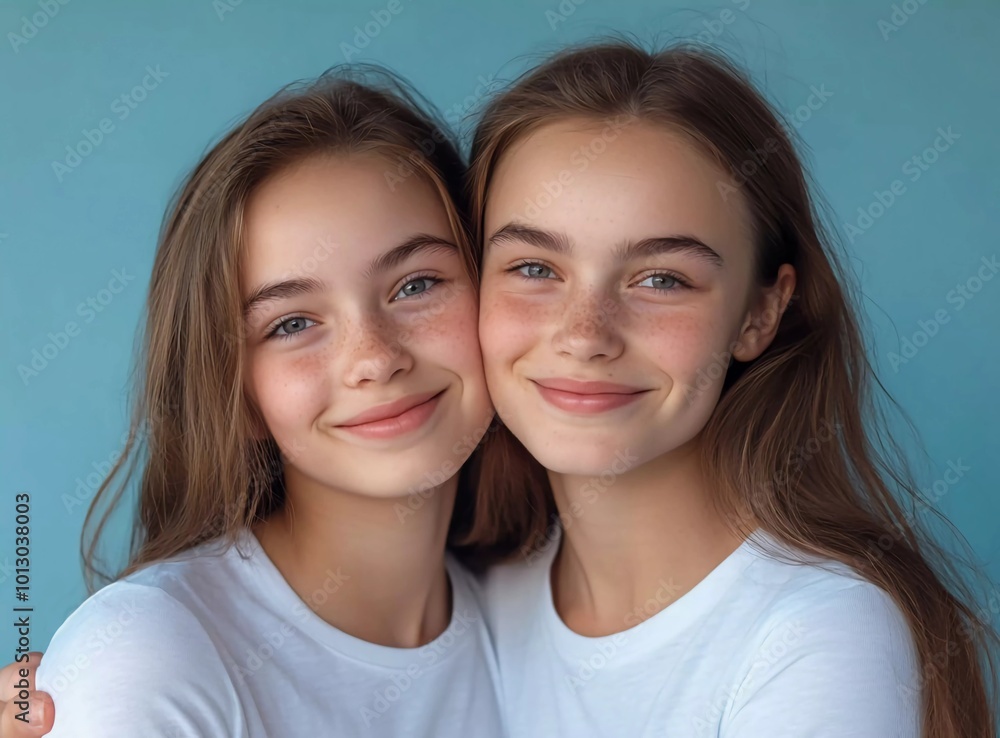 Happy mother and daughter hugging each other, isolated on a blue background. Portrait of a young woman with her mom Happy mother and daughter hugging each other, isolated on a blue background. Portrait of a young woman with her mom
