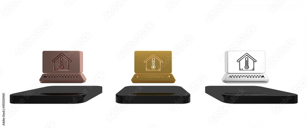 Colorful Laptop with house temperature icon isolated on white background. Thermometer icon. Minimalism concept. 3D render illustration Colorful Laptop with house temperature icon isolated on white background. Thermometer icon. Minimalism concept. 3D render illustration