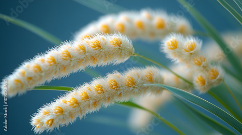 Soft, fluffy white flowers with yellow tips swaying gently in the breeze against a calm blue background in a serene garden setting